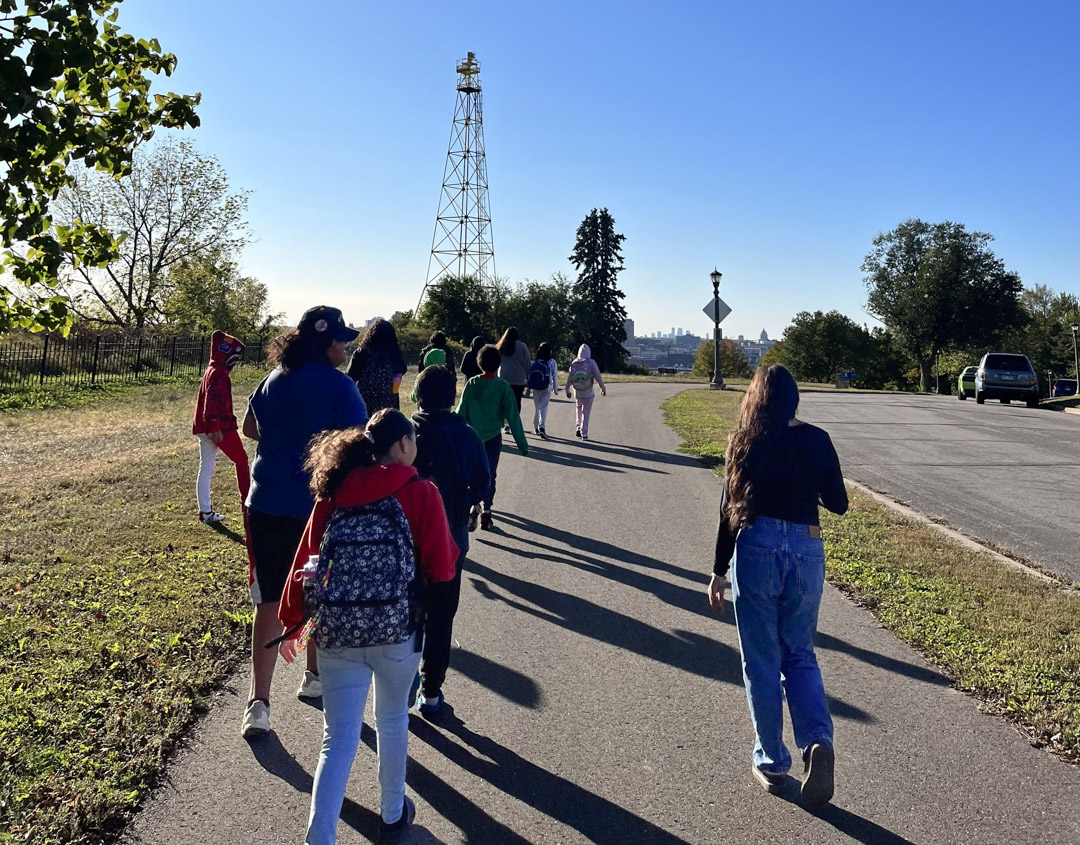 Students heading to sacred Indian Mounds Park