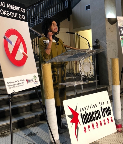 Photo of a woman giving a speech for Tobacco Free Arkansas